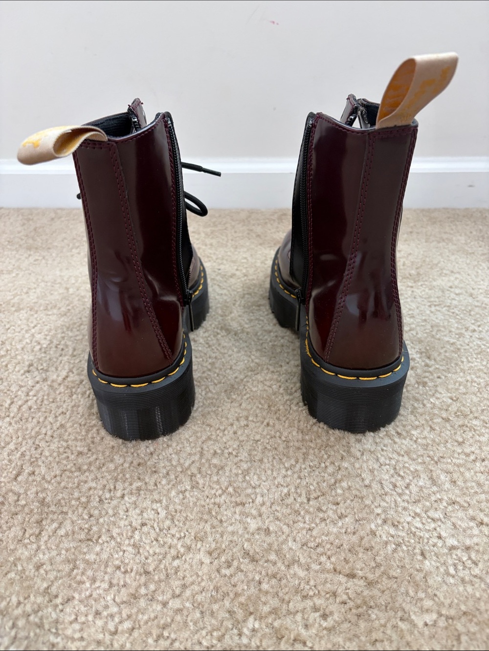 Dr. Martens Burgundy Lace-Up Platform Boots with Yellow Stitching - Picture 2 of 7